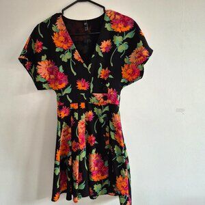 ZARA TRF Floral Mini Dress | Black with Pink & Orange Flowers | Size XS